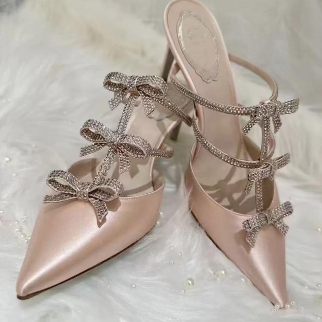 New Butterfly Rhinestone Bag Head High Heels Women's Stiletto Silk 2025 Summer Fashion Sweet Word with Half Drag Sandals