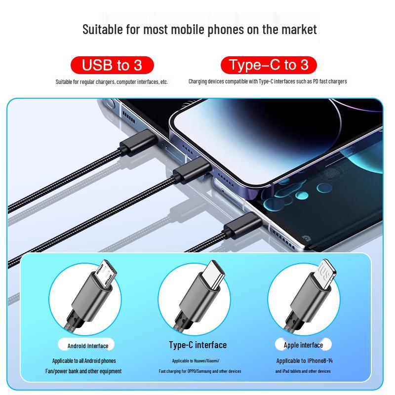 Быстрый зарядный кабель 3-в-1 A+C: Совместимо с устройствами Apple, Huawei и Type-C