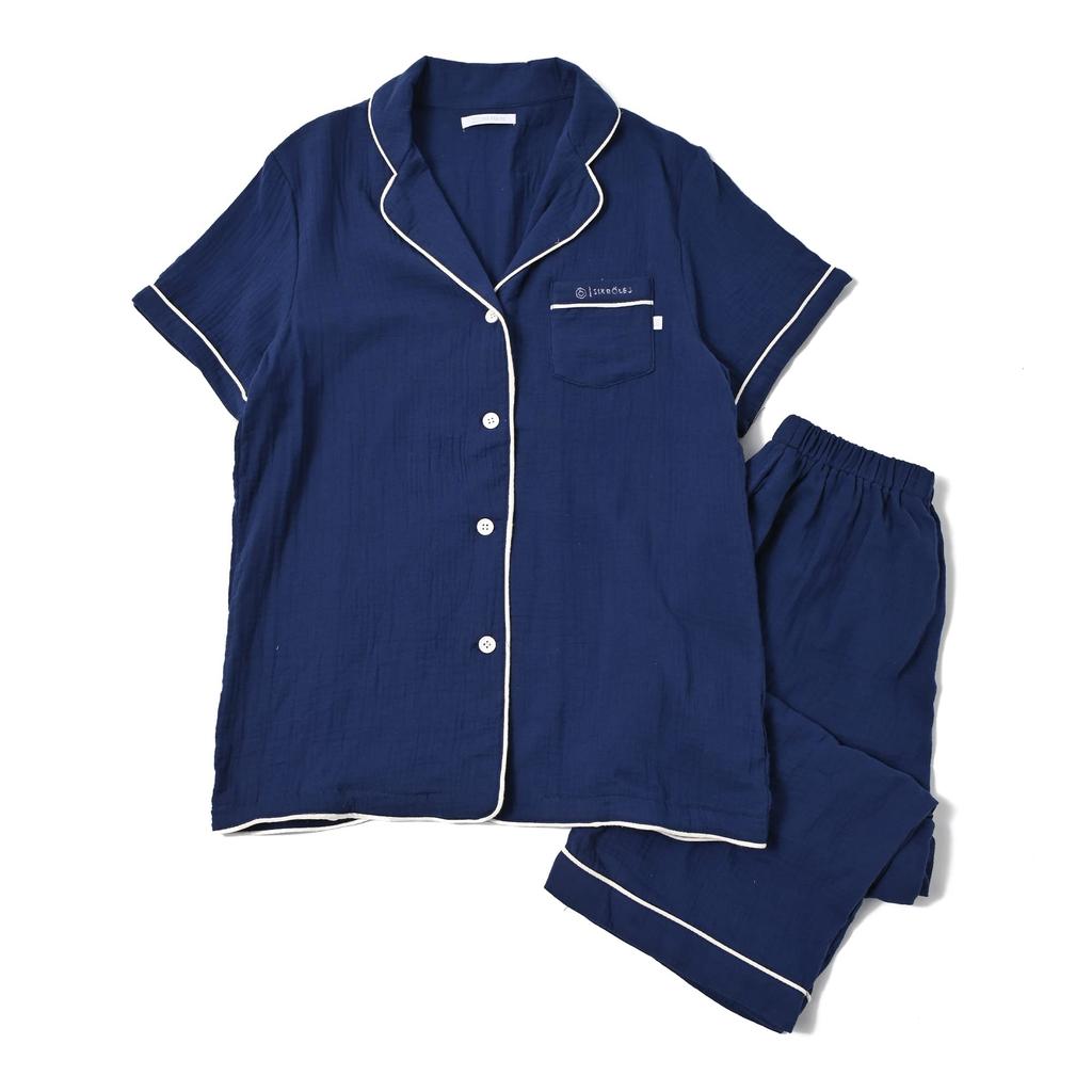 Six Rolls Short Sleeve Piping Double Gauze Pajama Solid Loungewear Women's Set, Color, 100% Cotton, (Small, Navy)