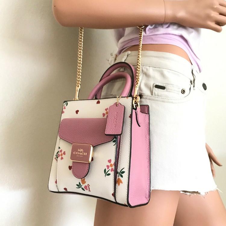 Coach Pepper 17 Heart Petal Print Magnetic Closure Canvas And Leather Mini Handbag Women handbag White Pink C7599-IMCAH