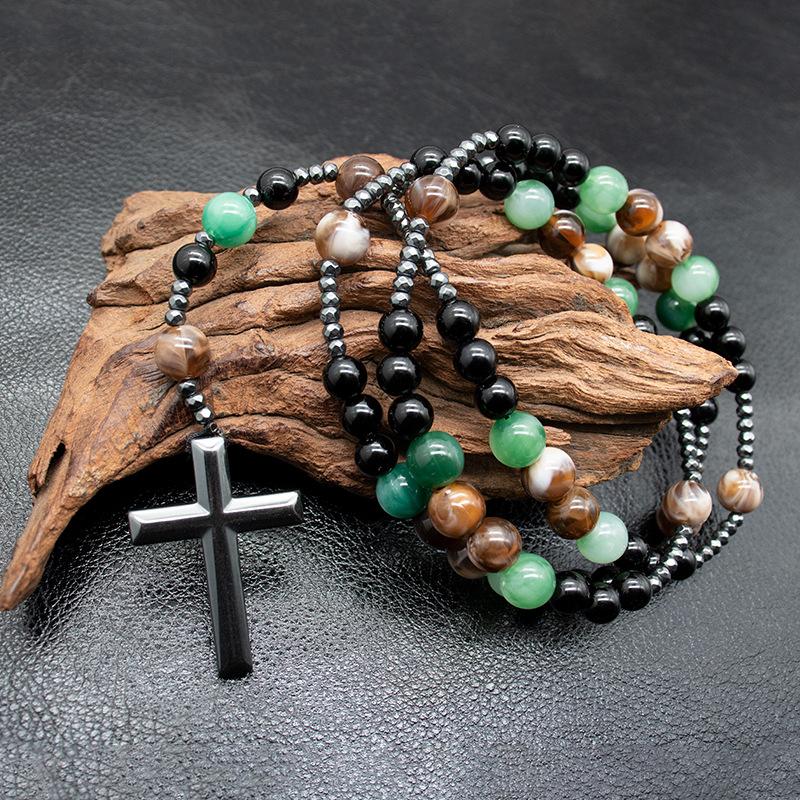 Natural Tiger Eye Volcanic Stone Beaded Rosary Necklace Alloy Cross Pendant Long Sweater Chain Unisex Religious Fashion Jewelry