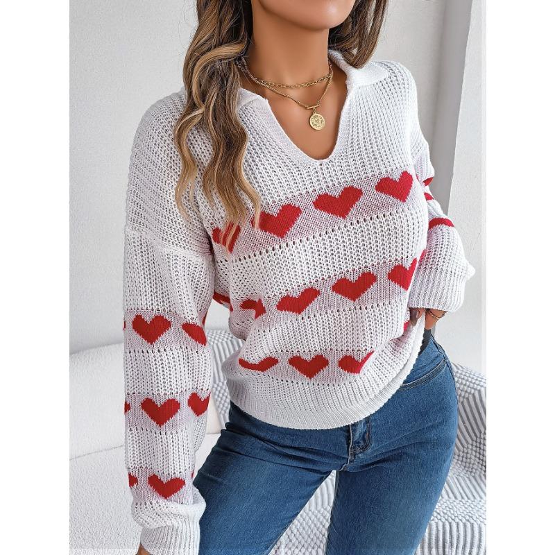 Women's Autumn and Winter Casual Lantern Sleeve Color Collision Heart Pullover Sweater