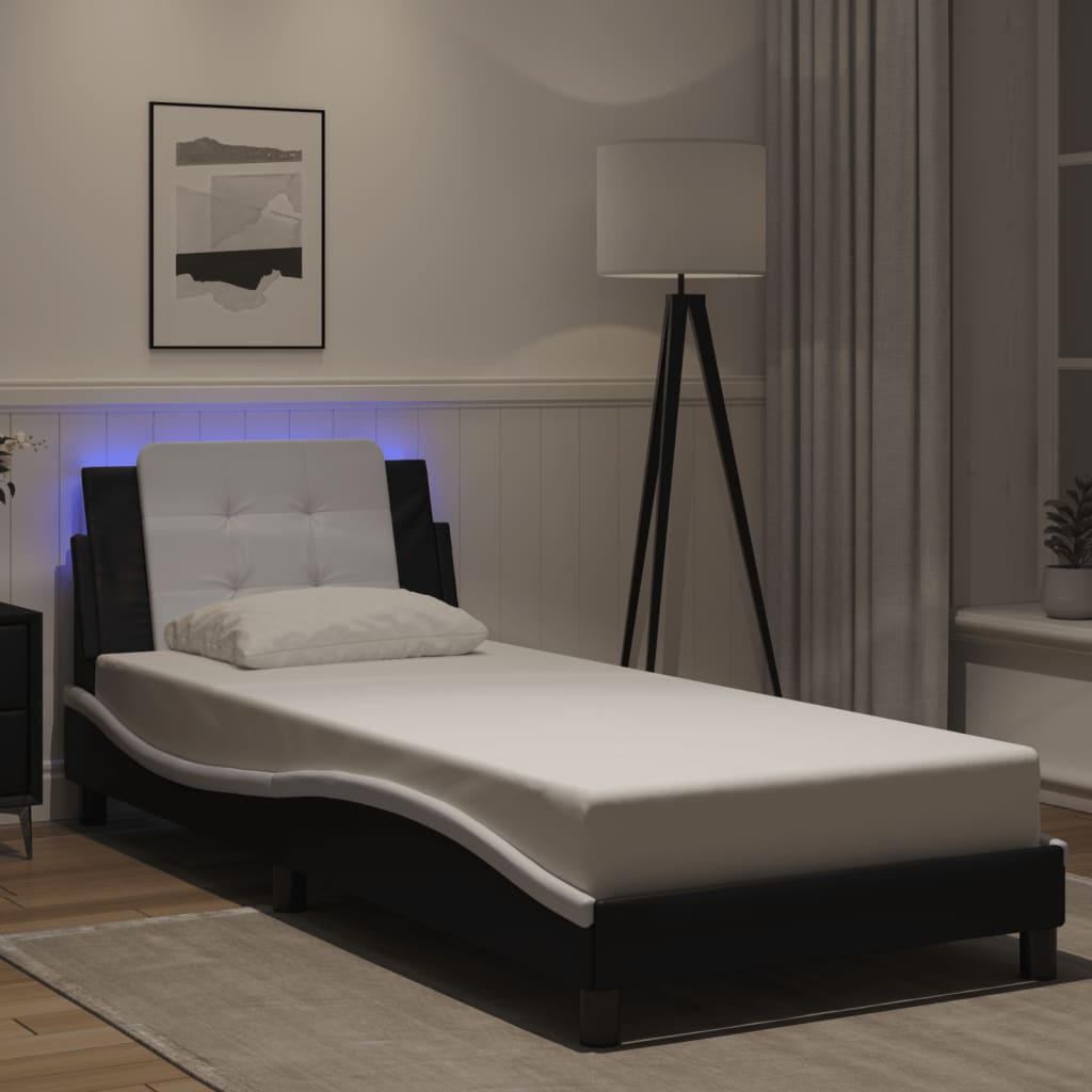 Vidaxl Rama Łóżka Z Led, Czarno-Biała, 90X200 Cm, Sztuczna Skóra