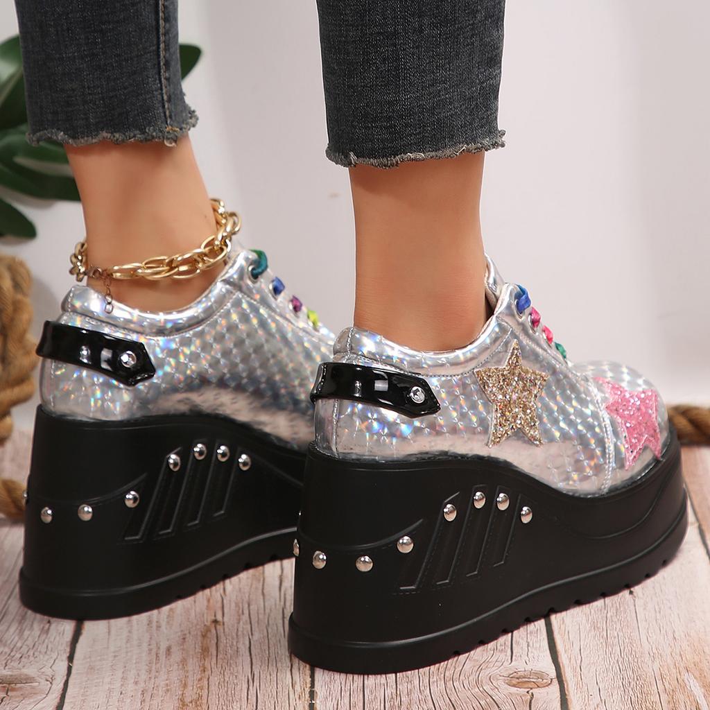 Fashion Silver Patent Leather Chunky Sneakers Women Gothic Thick Bottom Vulcanized Shoes Woman Punk Wedge Heeled Platform Combat Shoes