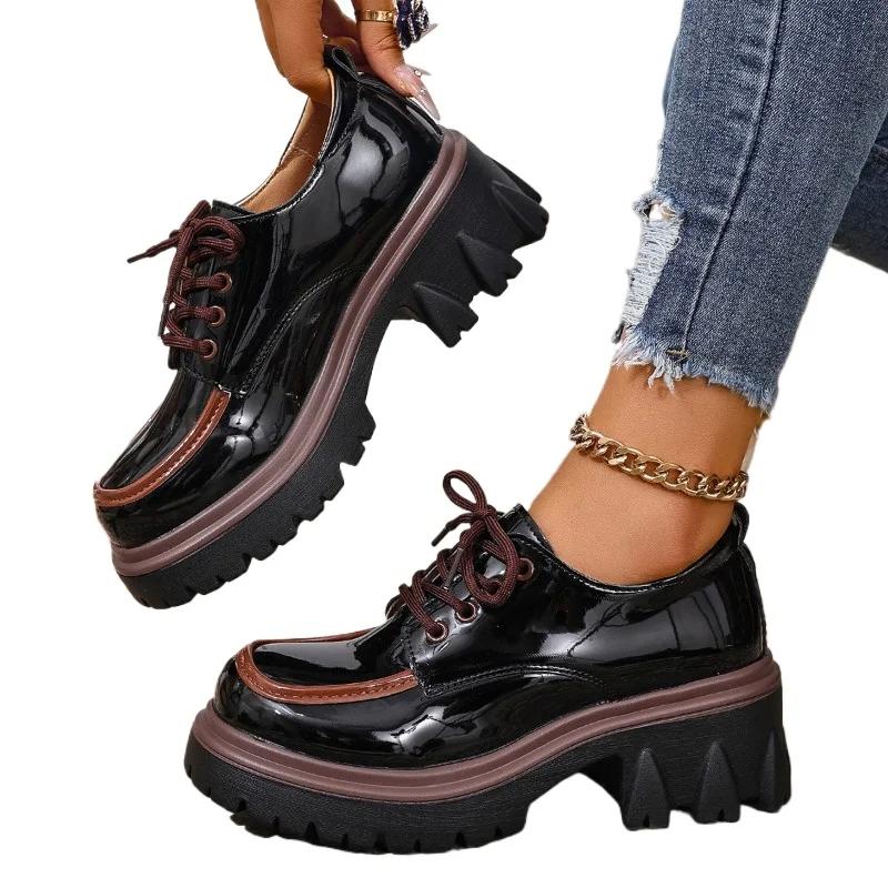 Балетки больших размеров 2025 Женские туфли на высоком каблуке Платформа Круглый носок Средний каблук Шнуровка Туфли-лодочки для ретро офиса и карьеры