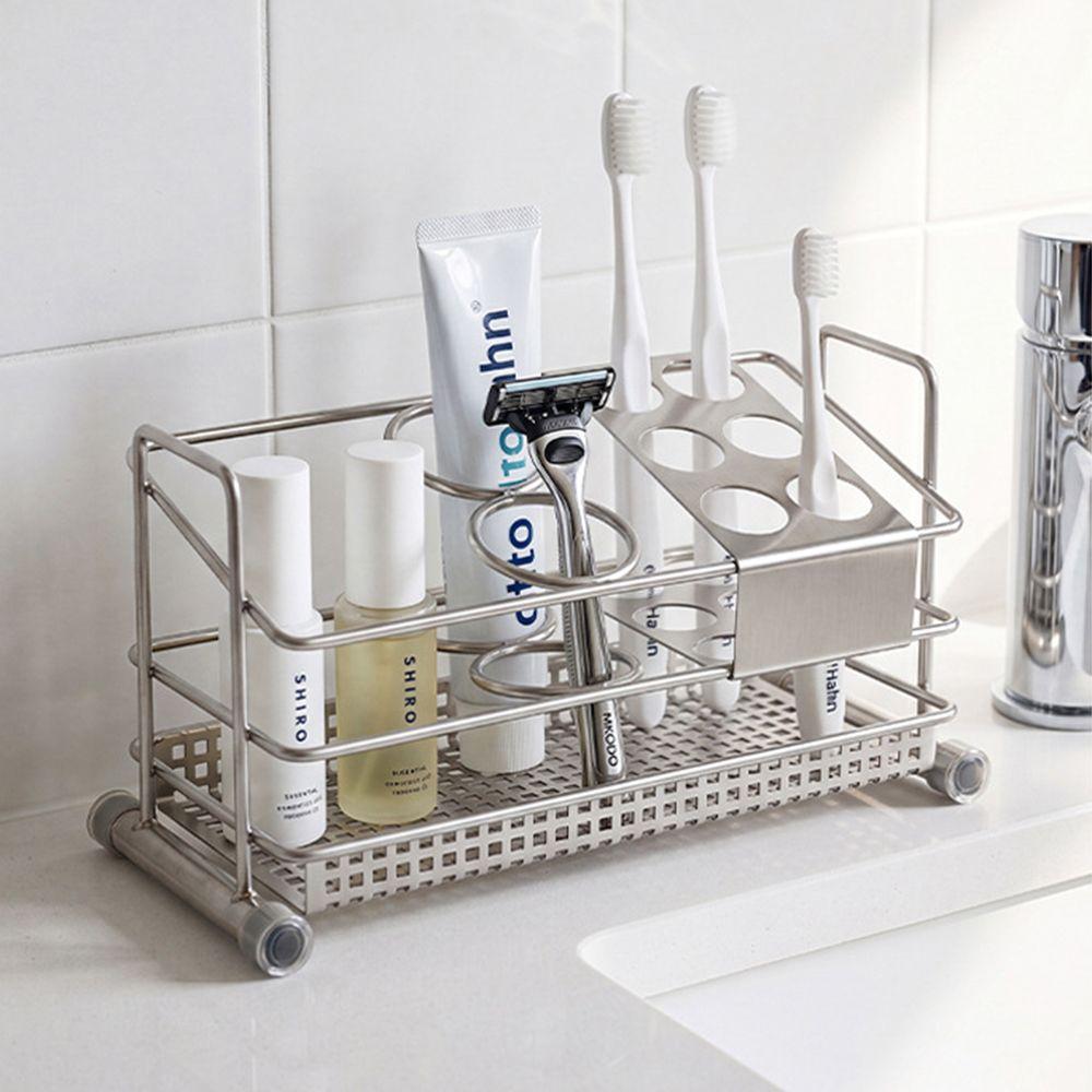 Stainless Steel Toothbrush Holder Space Saving Perforated Bottom Tray Bathroom Storage Rack Fast Drainage Raised Rails