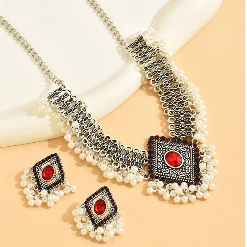 Винтажное ожерелье-чокер, серьги для женщин, геометрические кристаллы, комплекты украшений, имитация жемчуга, бусины, аксессуары