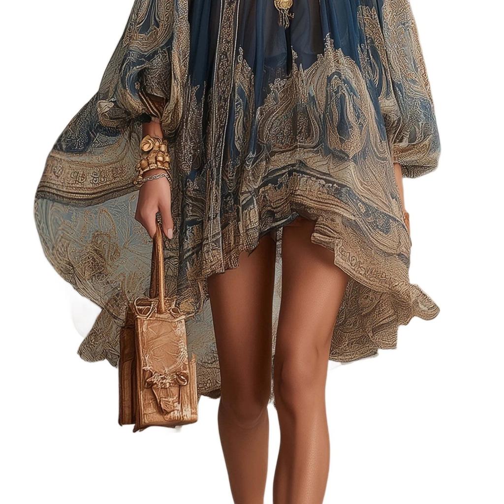 Women's Casual Dresses - Daily Outfit High Neck Printed Chiffon Dress Loose Vacation Shawl Long Sleeve Women's Dress