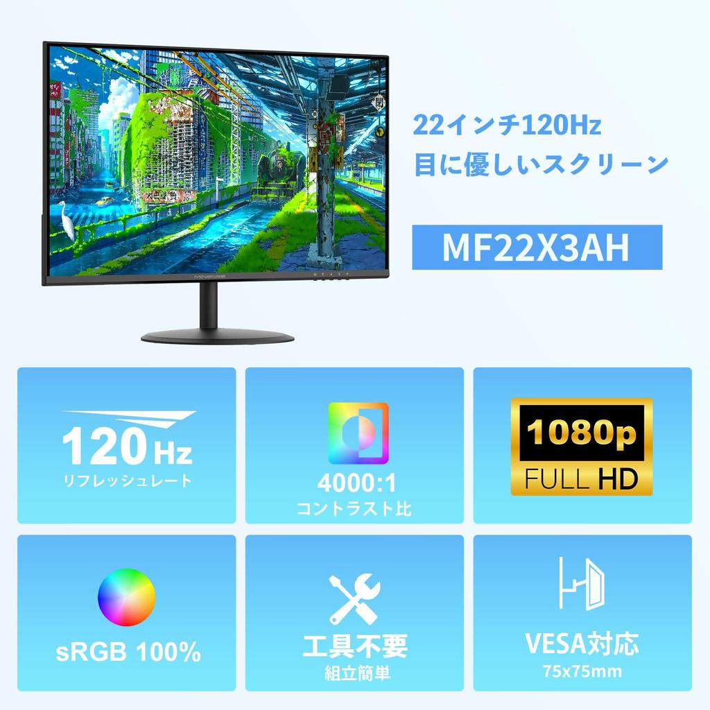 Minifire PC 120Hz Full VESA HDMI Blue Light Adjustable Warranty Cable Included 21.5-inch Monitor, HD, Anti-Glare, Compatible, Frameless, 2, Reduction,