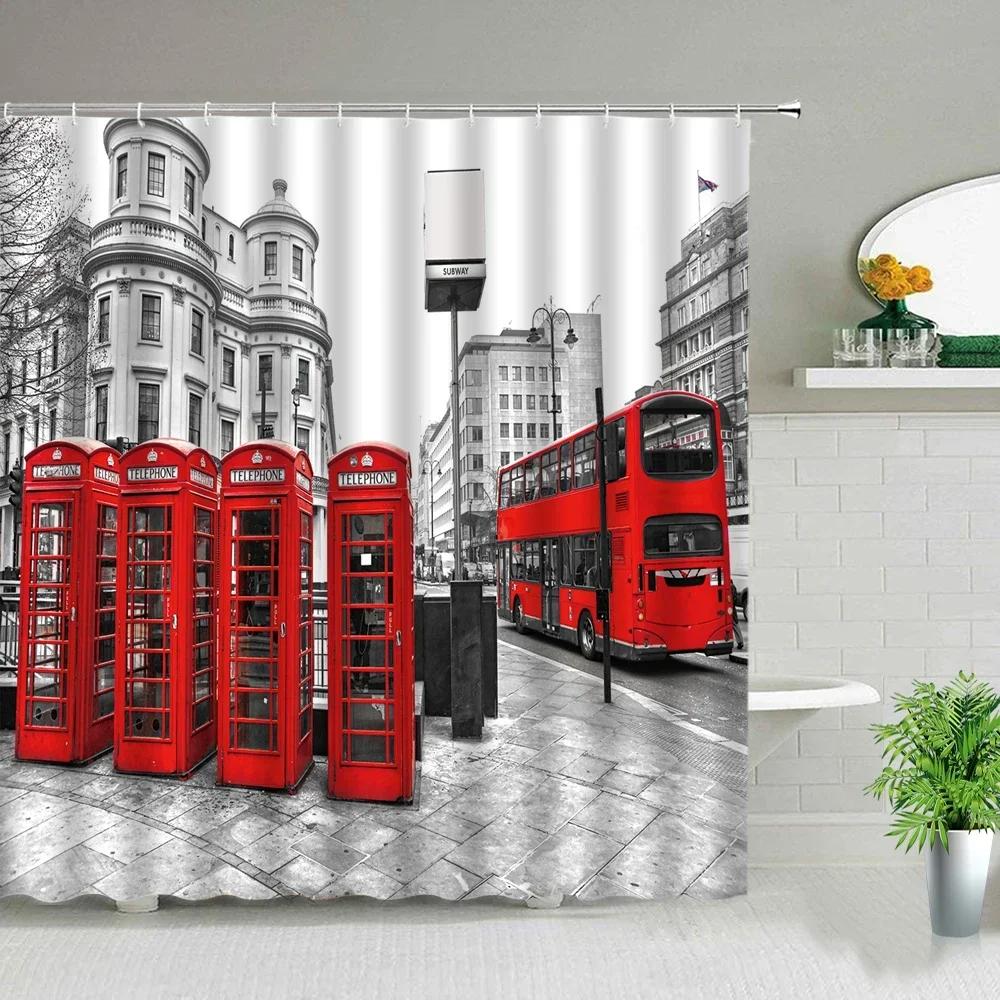 London Big Ben Shower Curtain European Style Red Tram Telephone Hall Scenery Old Newspaper Bath Screen Bathroom Curtain Box