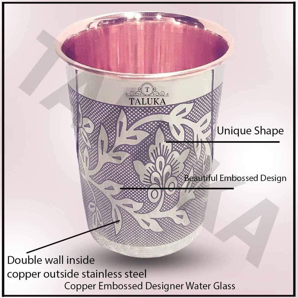 Set of 4 Etching Embossed Design Steel Copper Glass Tumbler Cup, Drinkware Serveware, Health Benefits Ayurveda Yoga
