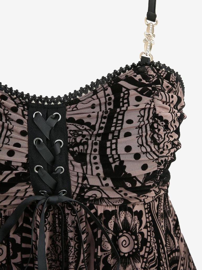 Rosegal Plus Size Floral Mesh Flocking Lace Up Layered Handkerchief Cami Top