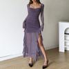 Women's Irregular Spring Ruffled Solid Mesh Spice Girl Slit Long Sleeve Dress