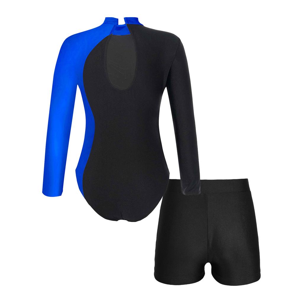 Girls Long Sleeve Gymnastics Leotard Unitard with Shorts 2 Piece Outfits Ballet Dance Bodysuit Biketard Dancewear