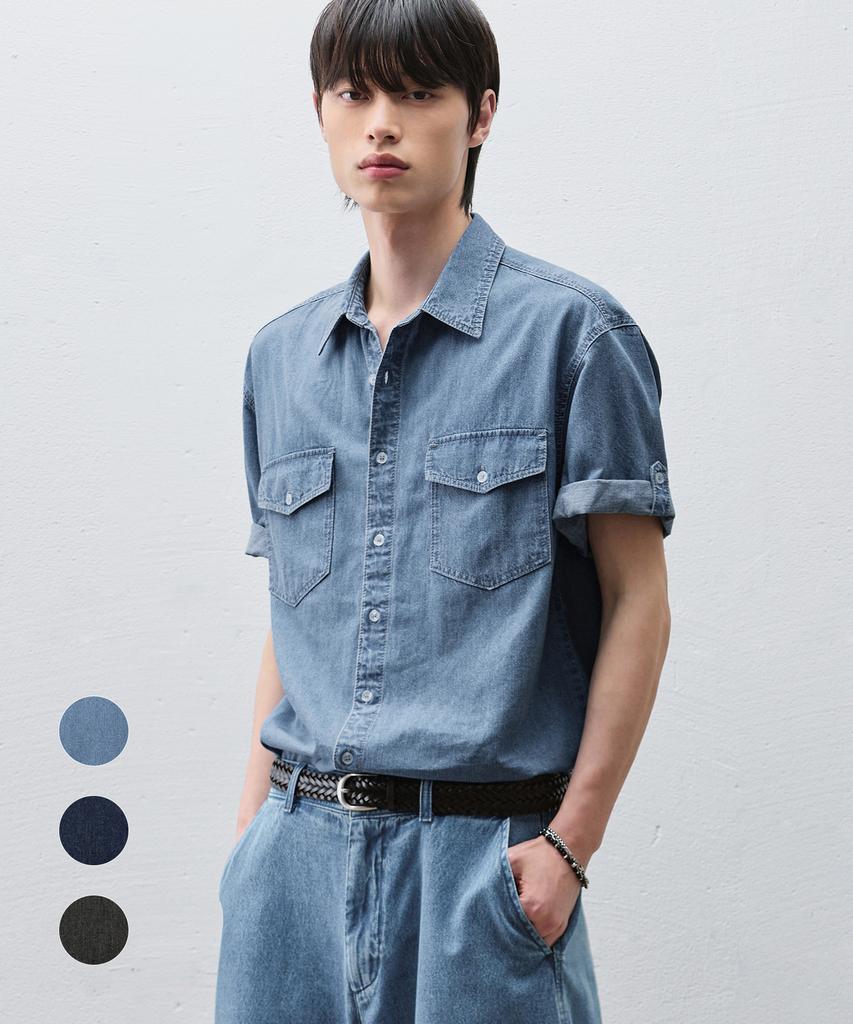 DRAW FIT [Genflox X Drawfit] Льняная джинсовая рубашка с подворачивающимися рукавами [3 цвета]