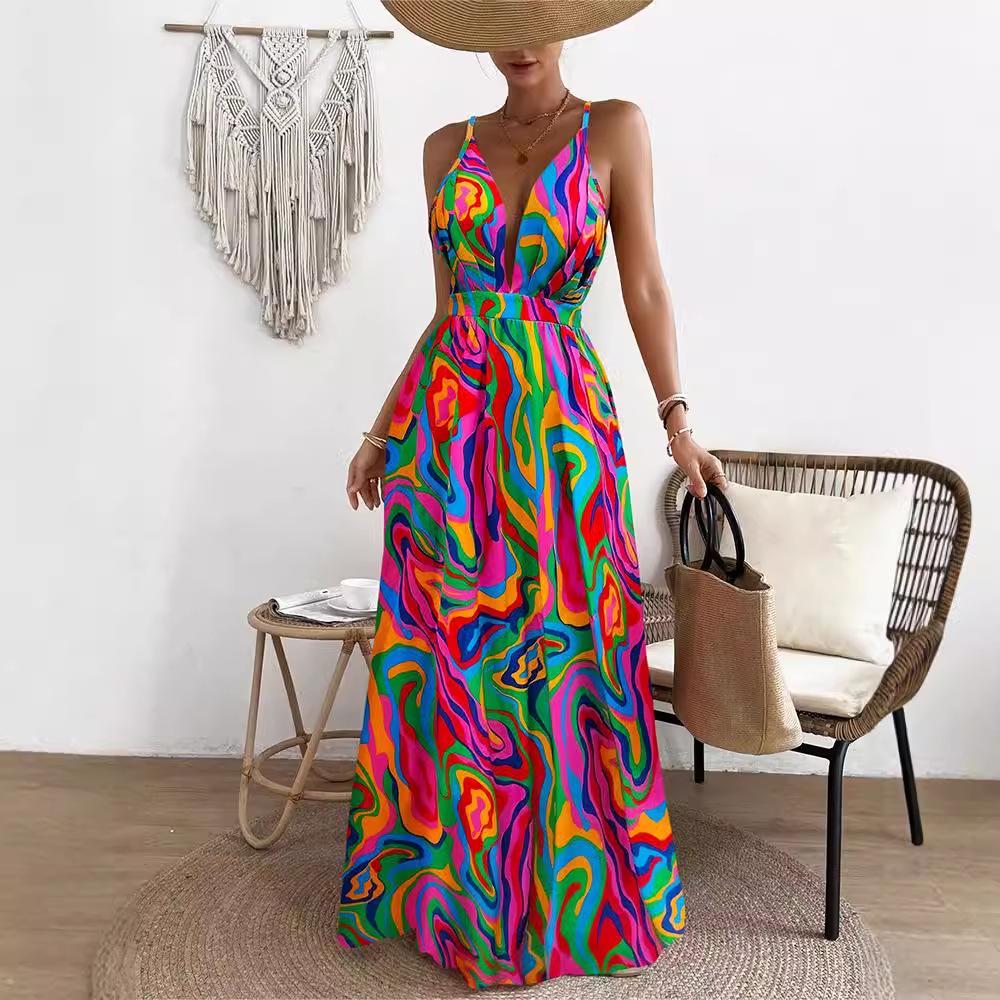 Европейское и американское платье макси без спины с радужным принтом тай-дай