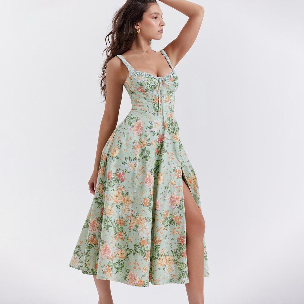 Женское платье длиной до щиколотки с открытой спиной и принтом на тонких бретельках с v-образным вырезом и высокой талией