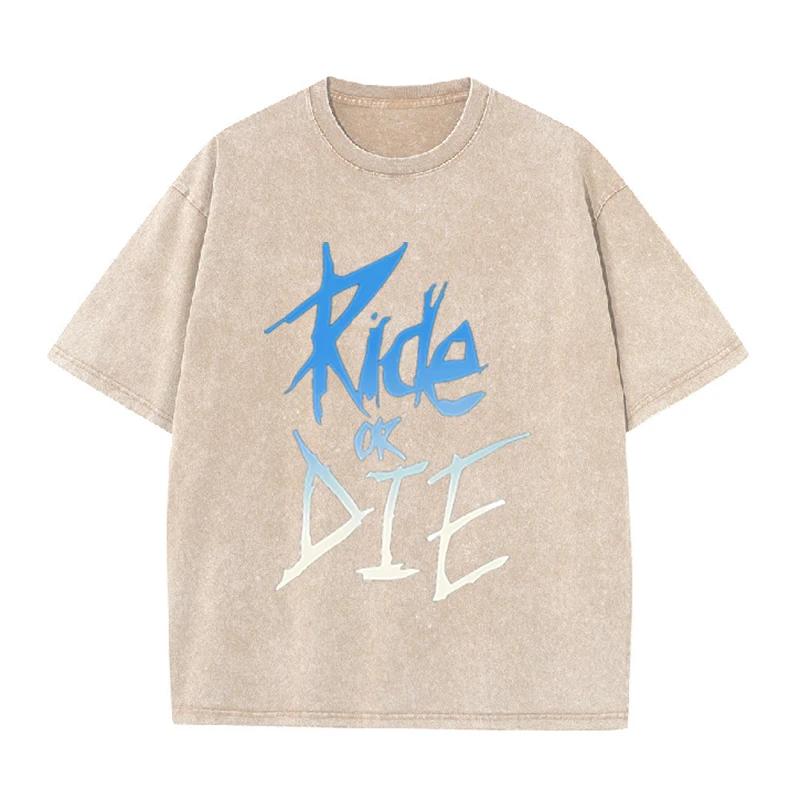 Ride Or Die Принт с буквами Винтажная стираная футболка Унисекс Панк Рок Повседневная футболка