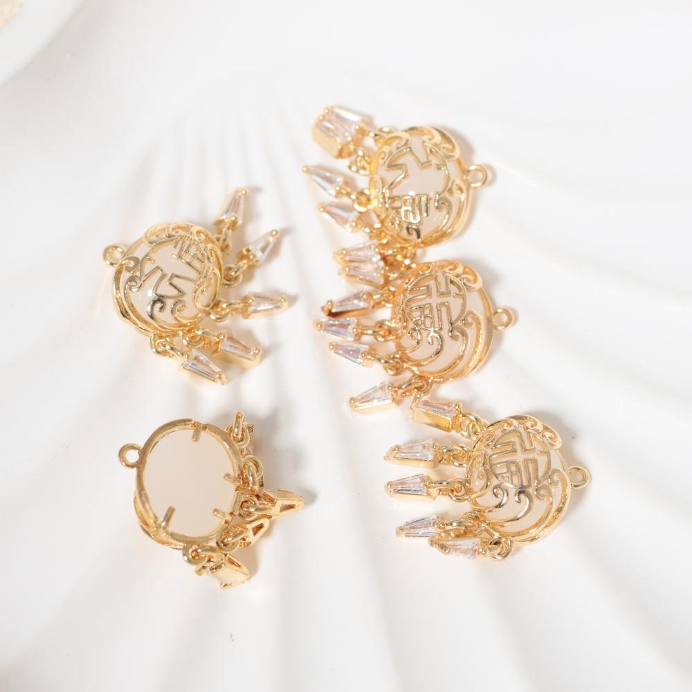 Vintage Chinese Fu Lock Zirconia Tassel Copper Charms, Golden Plated DIY Pendants for Earring Necklace Craft