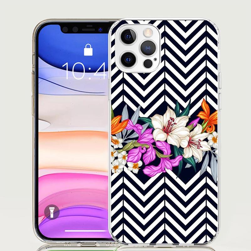 Black White Stripes Flower Phone Case for Apple iPhone 17 Air 16 15 Plus 14 + 13 Mini 12 11 Pro Max 7 8 SE 16Max Soft Shell Cove