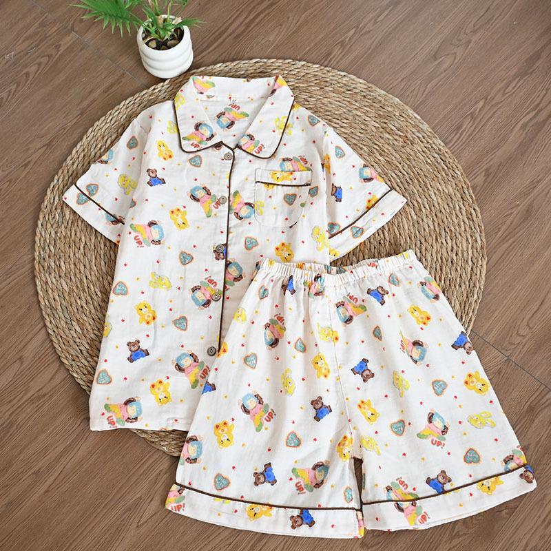 Summer Cotton Gauze Pajama Set Short Sleeve Shorts/Long Pants Breathable Thin Lapel Cartoon Loungewear