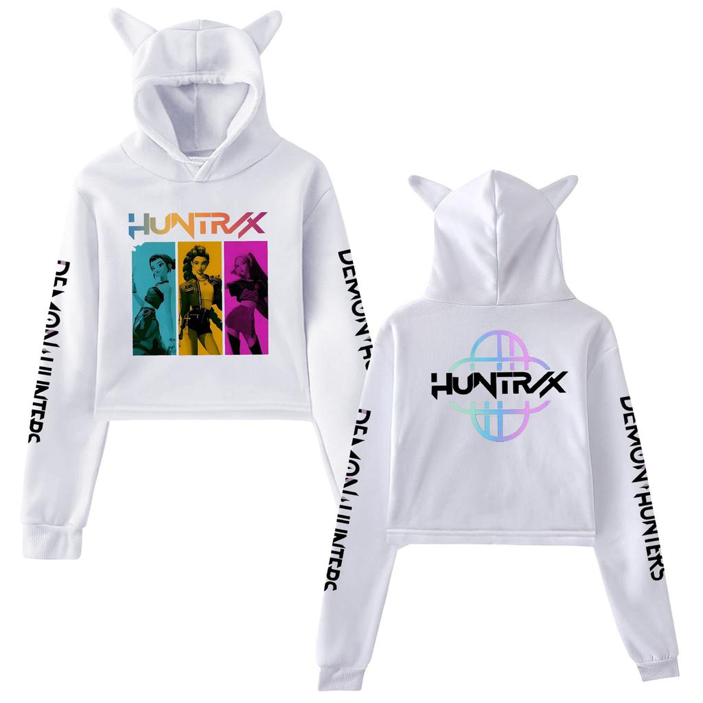 Kpop Истребители демонов Кроп-топы Кошачьи ушки Двусторонние Кроп-топы с длинным рукавом Модная толстовка для девочек