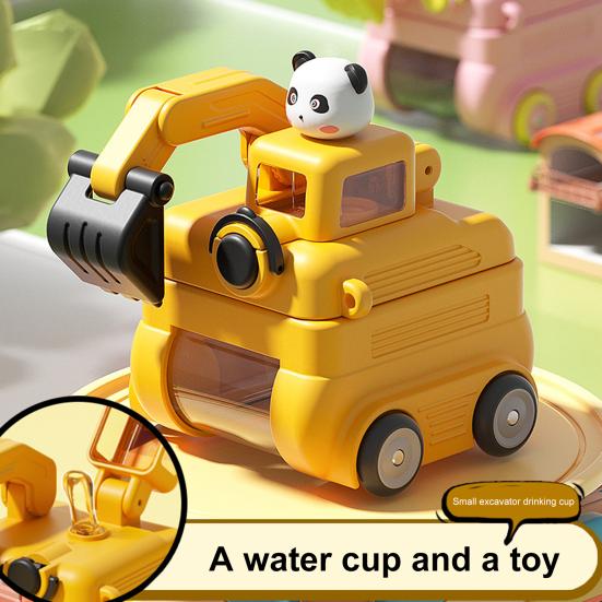 Excavator Water Bottle for Kids 500ml Leak-Proof Cartoon Cup with Wheels Adjustable