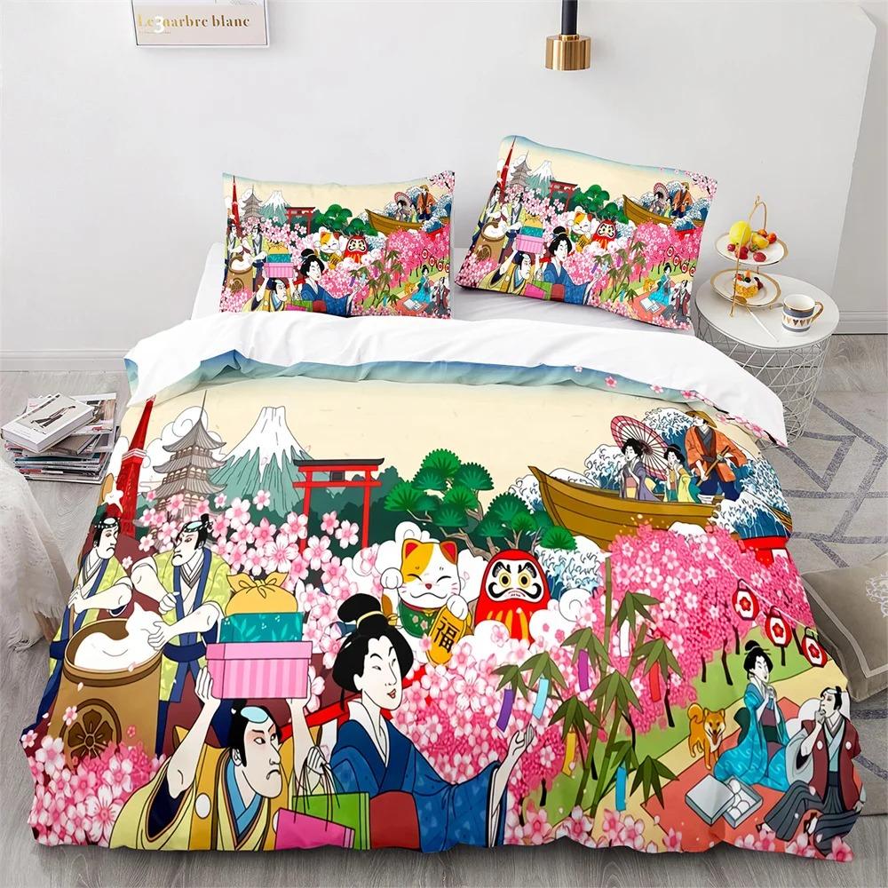 Ukiyo-Eduvet Cover Set Japanese Style Bedding Set Polyester Comforter King Queen Size Quilt Cover Set For Kids Boys Girls