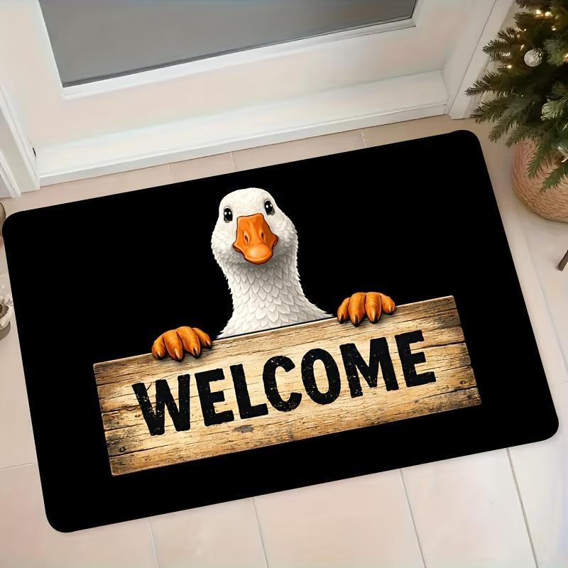 1pc Non-Slip Absorbent Flannel Suitable for Bathroom & Kitchen with Cartoon White Goose Welcome Sign, Cushioned, Machine Washable Entryway Mat for Use