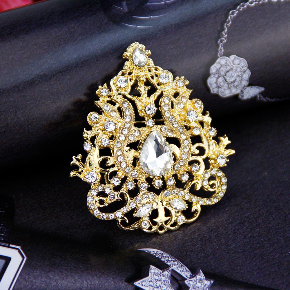 Gold Color Brooch Crystal Lady Ethnic Wedding Jewelry Hijab Pins Bridal Gift 2023