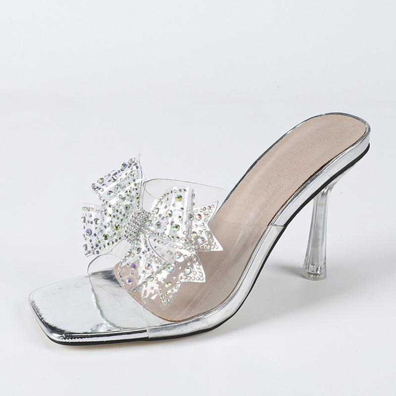 Модные прозрачные ПВХ шлепанцы Liyke для женщин, хрустальные стразы, бантик, высокие каблуки, прозрачные сандалии, модный квадратный носок, обувь для вечеринок и выпускного вечера