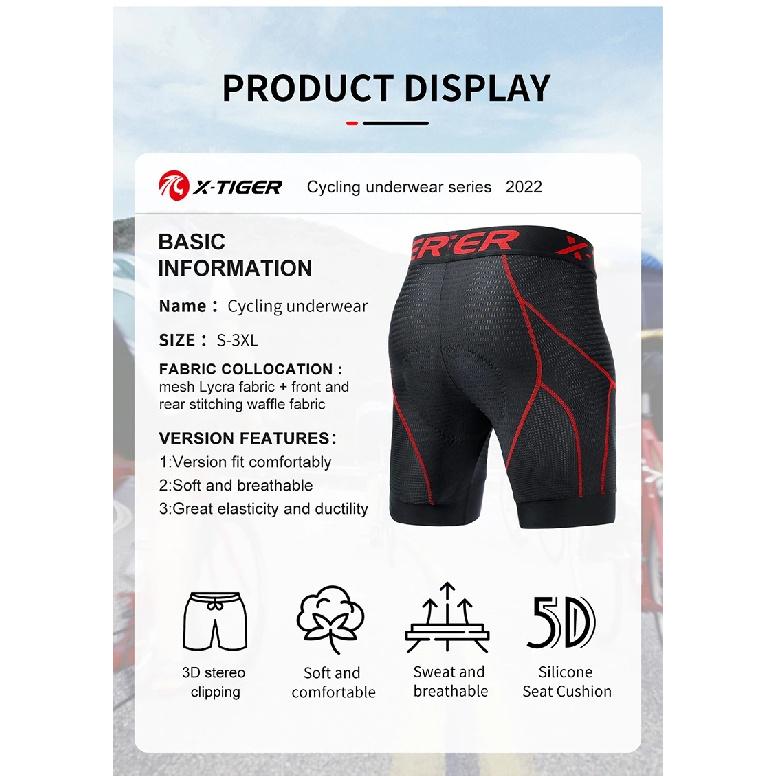 X-TIGER Men's Cycling Underwear Shorts 5D Padded Sports Riding Bike Bicycle MTB Liner Shorts with Anti-Slip Leg Grips