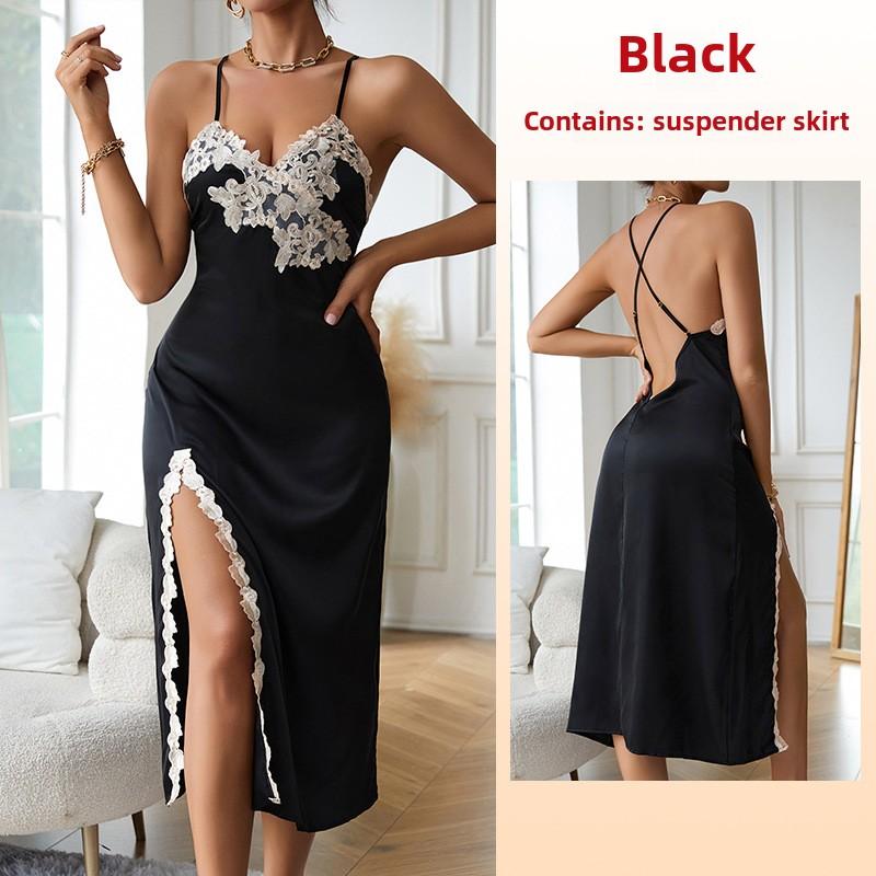 Пижама из искусственного шелка с кружевом, сексуальная, с V-образным вырезом, с длинными разрезами, на подтяжках, домашняя одежда