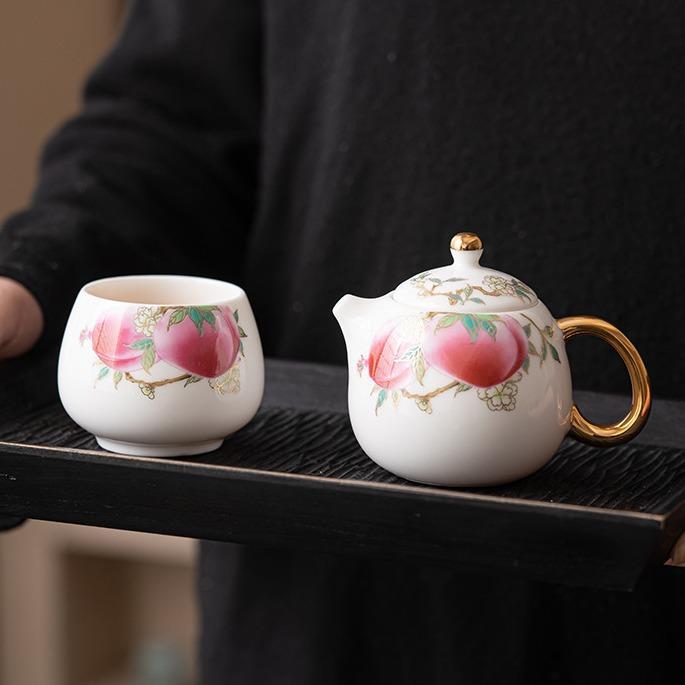 Suet jade porcelain longevity peach teapot teacup office kung fu tea set bubble teapot gilt fairy peach dragon egg teapot single pot