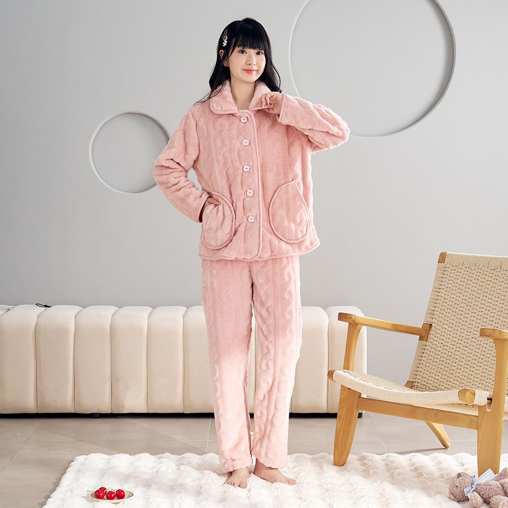 Plus Size Women's Dress with Cashmere and Thick Autumn and Winter Solid Color Long Sleeve Trousers Pajamas Set