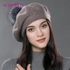 Winter Berets for Women with Real Fox Fur Pompom Wool Knitted Beret