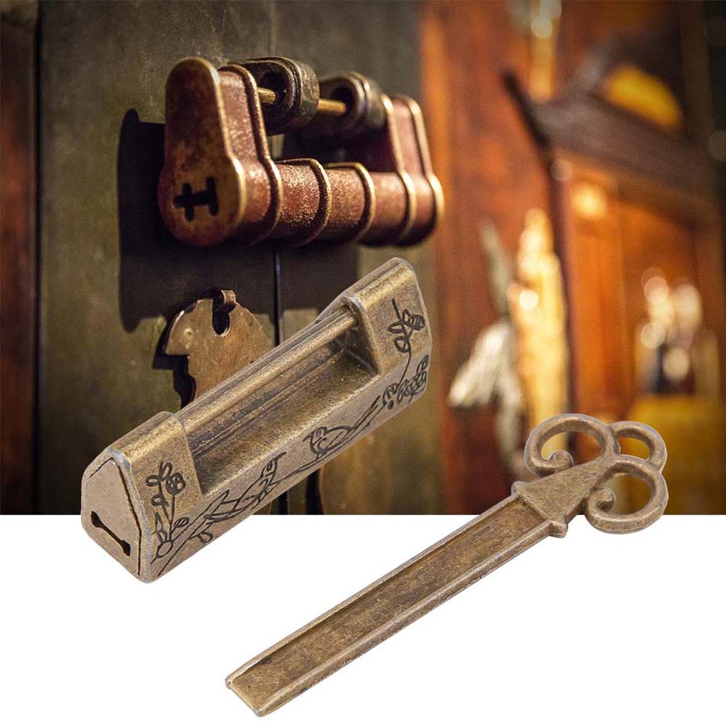 Mini Chinese Style Traditional Magpie Flowers Padlock Small Lock for Vintage Furniture Bronze