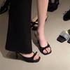 High-heeled Cool Slippers Women's Stiletto Open-toed Women's Sandals Size Women's Ankle Strap New Square Head Black Satin Bow