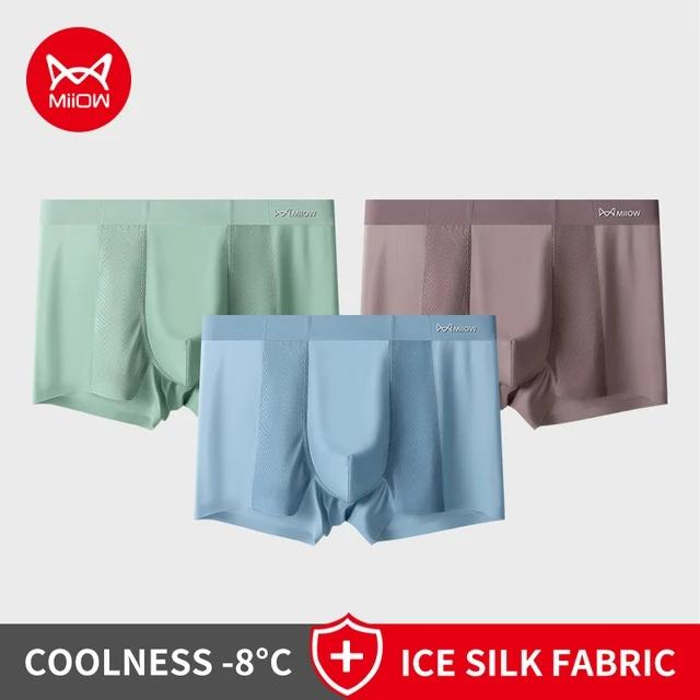 MiiOW 3 шт. летние мужские трусы-боксеры из ледяного шелка, бесшовные сетчатые дышащие мужские трусы, хлопковые мужские трусы с промежностью, мужские боксеры