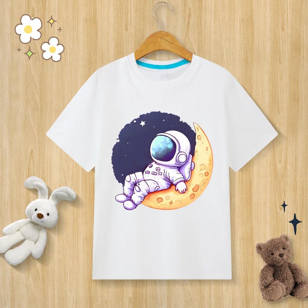 Childrens Pure Cotton Tshirt Astronaut Print Tshirt  Oneck Short Sleeve Kids Clothes Boys Clothes Girls Clothes