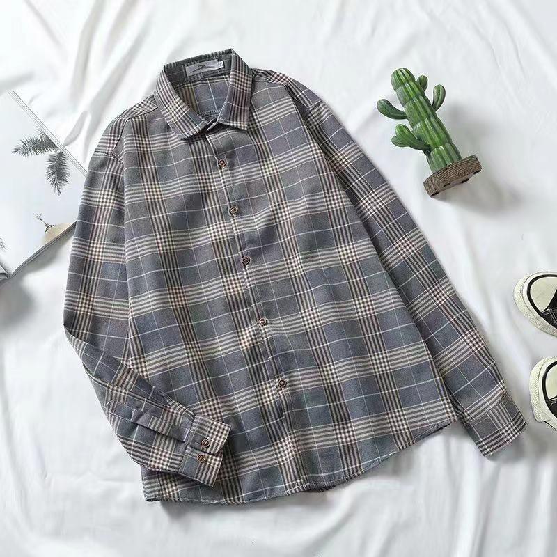 Рубашка унисекс с длинным рукавом в гонконгскую клетку: Модный, свободный крой, ретро-корейский стиль на все времена года