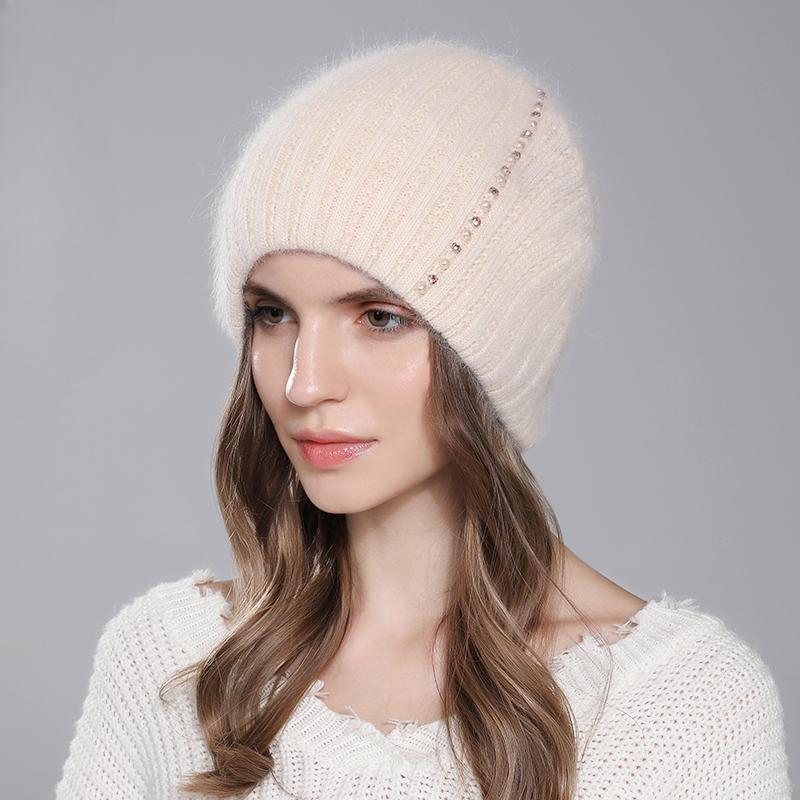 Women Angora Rabbit Fur Hat Winter Knitted Warm Beanies Fashion Luxury Designer Hats For Female With Pearl Diamond Cap