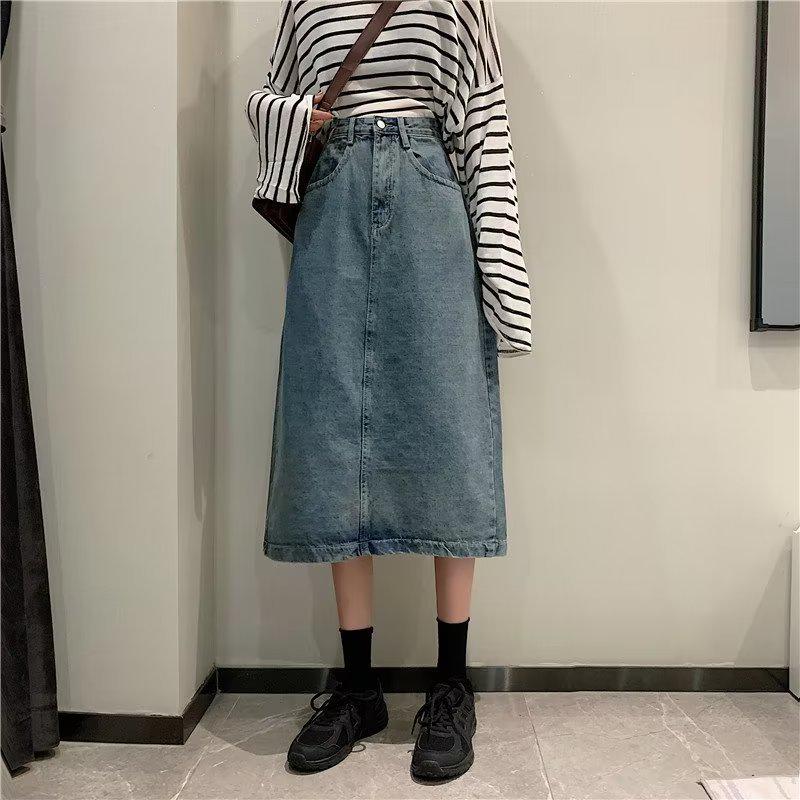 Женская джинсовая юбка А-силуэта средней длины с высокой талией - большой размер, осенний ретро-корейский гонконгский стиль