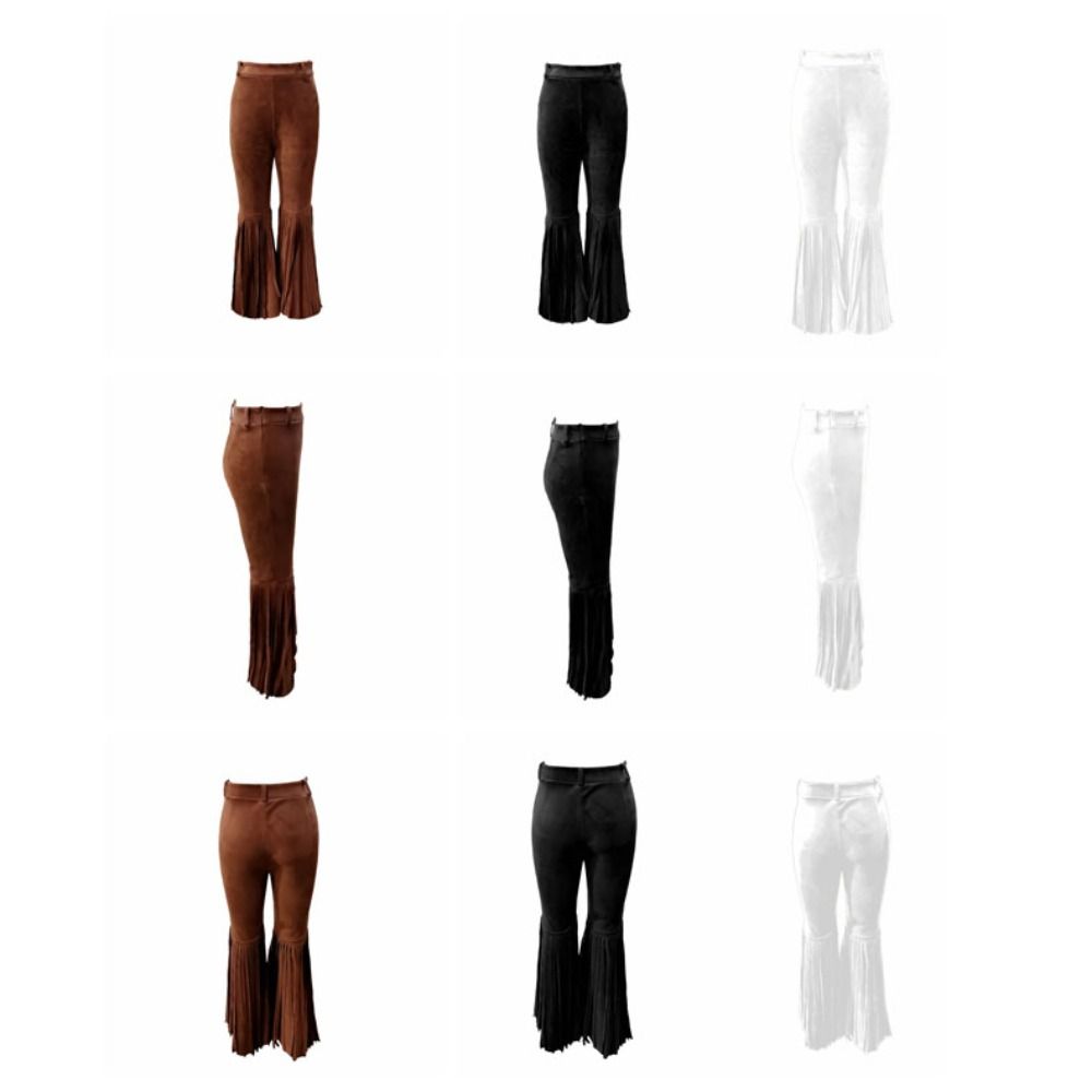 Solid Color Suede Tassel Pants Fringe Hem Slim Fit Flare Pants Retro High Waist Trousers Party