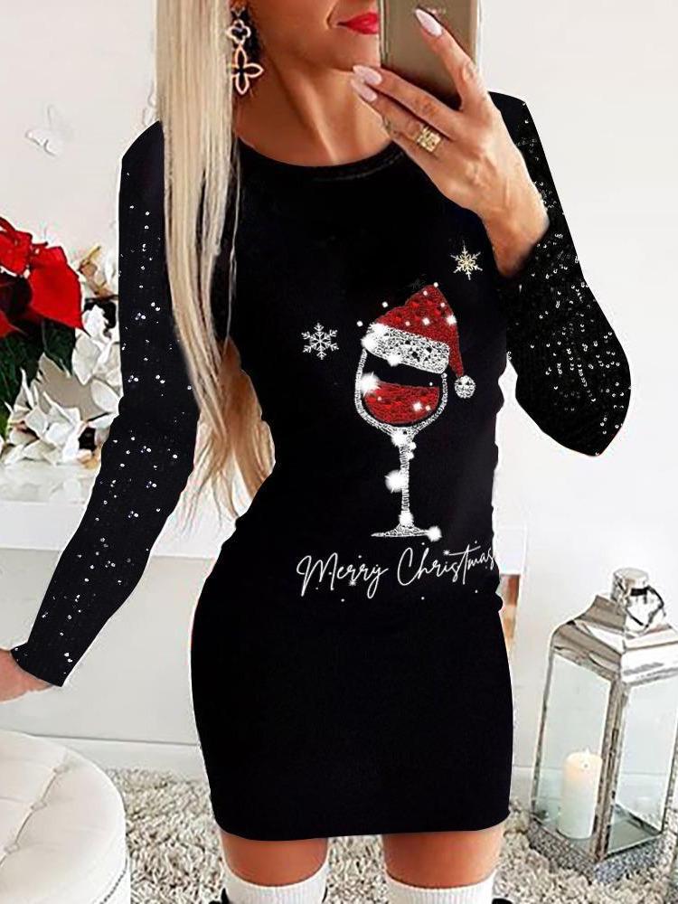 Европейское и американское рождественское платье с длинным рукавом и принтом 2023