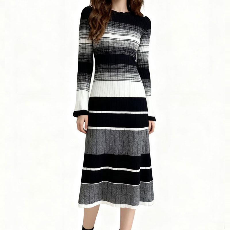 Женское винтажное полосатое вязаное платье-свитер, модное платье средней длины, осенне-зимняя теплая одежда
