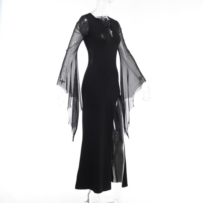 AltGoth Темно-готическое черное вечернее платье для женщин в винтажном стиле на Хэллоуин Fairycore Grunge Mesh Patchwork со шнуровкой и расклешенными рукавами Платье для женщин