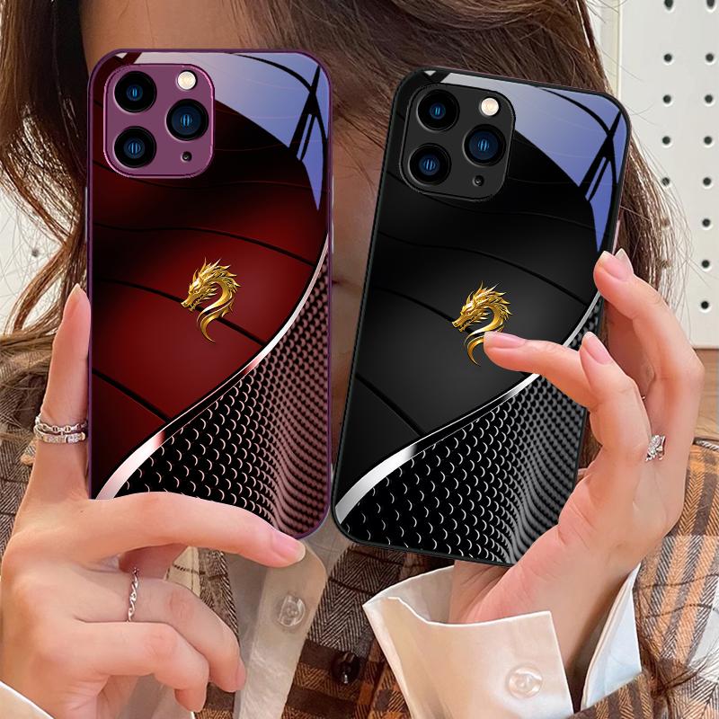 Черный чехол для телефона из закаленного стекла для iPhone 15 Pro 14 13 12 Mini 11 XS Max XR 7 8 Plus SE 2020 2022 Китайский Дракон Порошок