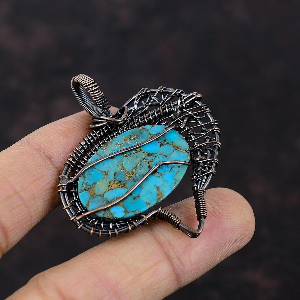 Copper Blue Turquoise Pendant Copper Wire Wrapped Gemstone Pendant Handmade Wire Wrap Jewelry Dainty Pendant For Gift Amazing Copper Jewelry