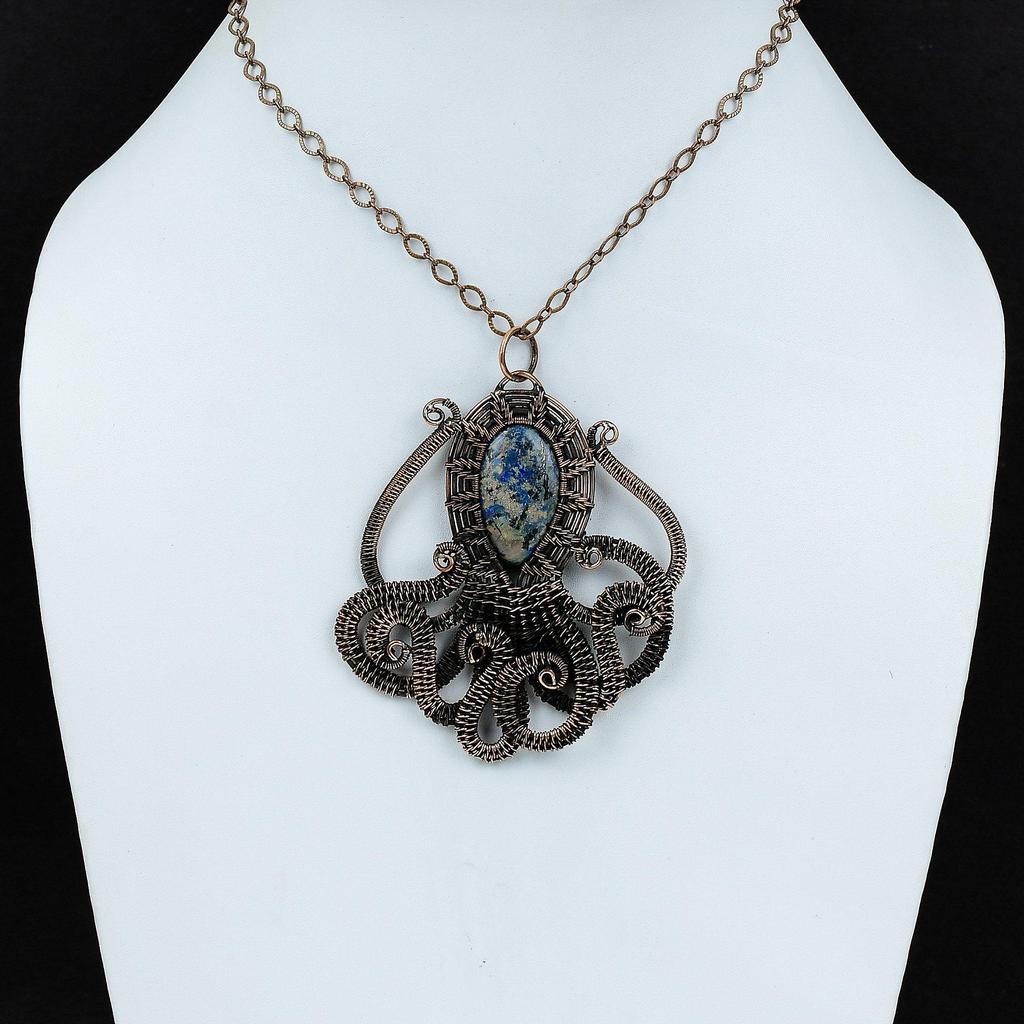 Azurite Malachite Pendant Copper Wire Wrapped Pendant Gemstone Handmade Pendant Copper Wire Wrap Jewelry Decent Octopus Pendant Gift For Him